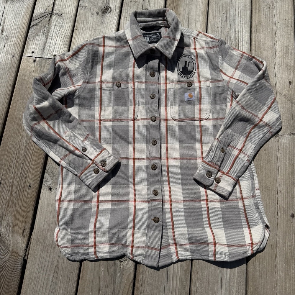 Carhartt Womens S Loose Fit Plaid Flannel Shirt Les Cheneaux Distillers Logo